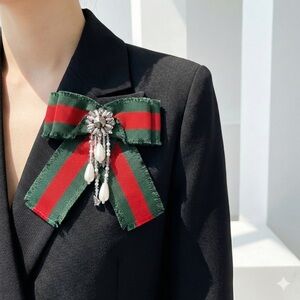 Gucci Green / Red Web Grosgrain Bow Brooch with Crystals & Pearls